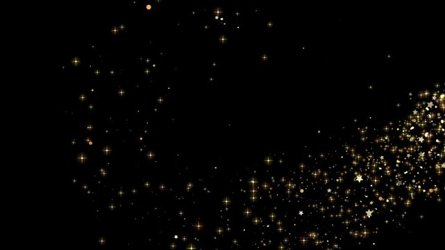 Sparkling shining gold tail glitter particles rendering on black background