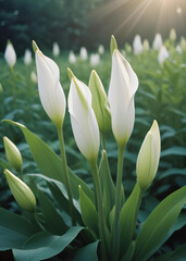 White lily buds in the sunlight