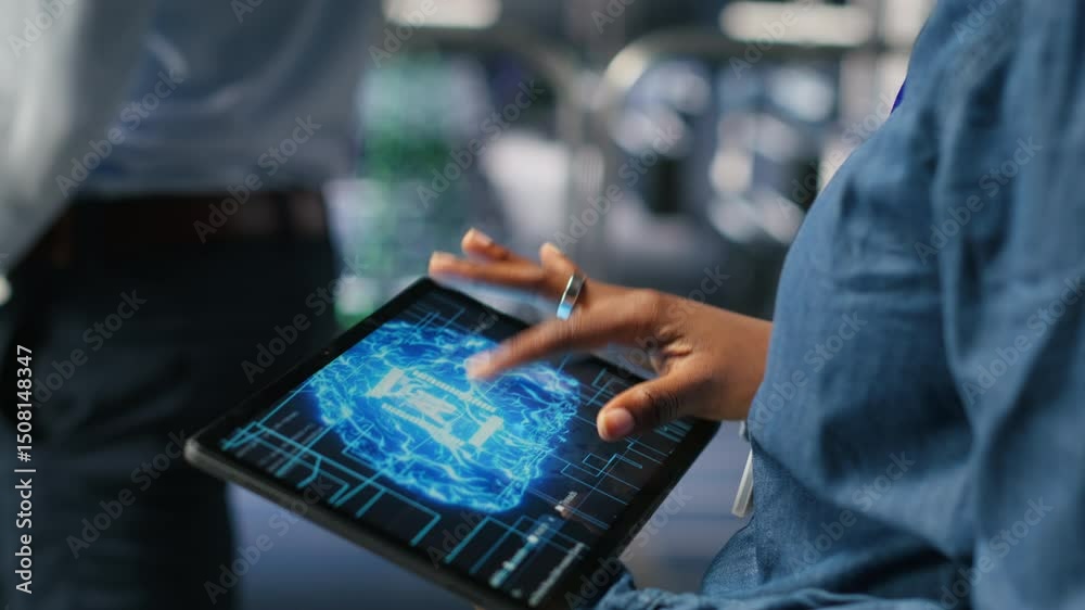 Poster close up of server farm admin using tablet to do infrastructure ai machine learning automatization. 