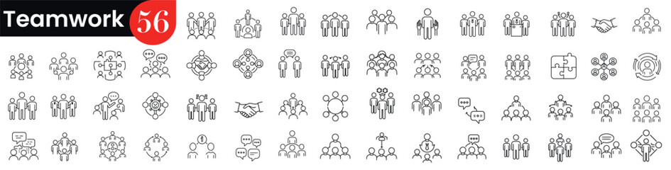 Icon set of 56 minimalist teamwork and collaboration symbols. Vector illustration
