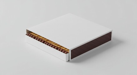 Empty matchbox with wooden matches inside, ready for branding. Blank white box with brown match heads, angled view on neutral background.