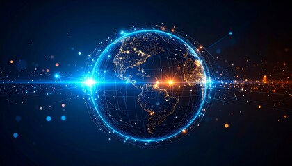 Blue digital world business network on abstract world map
