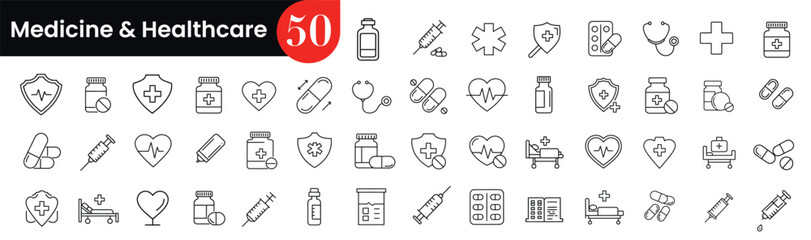 Medicine and healthcare icons collection: syringe, pills, heart, ambulance, cross. Vector illustration
