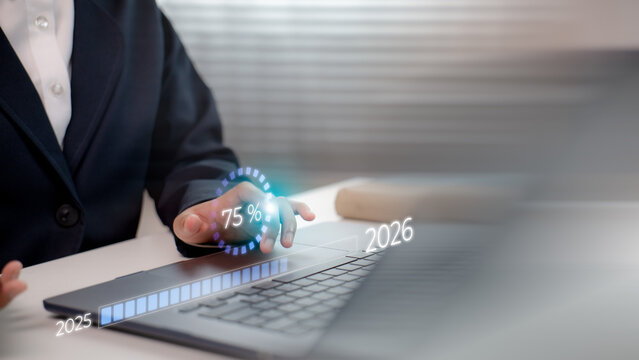 Business hand interacting with futuristic progress bar transformation from 2025 to 2026, symbolizing strategic growth, planning, and digital evolution in the corporate context.