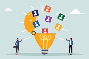 Recruiters select teams. Recruiting employees. Open the light bulb to see employees outside.