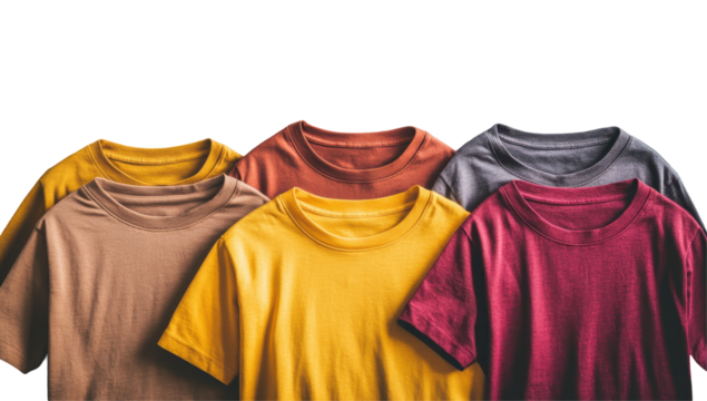 Five short-sleeved t-shirts in muted earth tones, neatly arranged against a black background