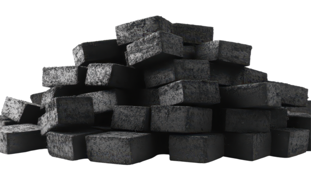 A haphazard pile of dark gray, roughly textured, cubic blocks, suggesting construction or demolition materials