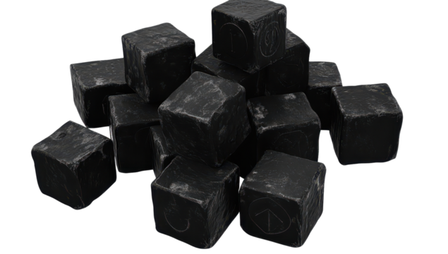 A pile of dark grey, slightly textured cubes with worn, indistinct symbols etched onto their faces, resting on a black background