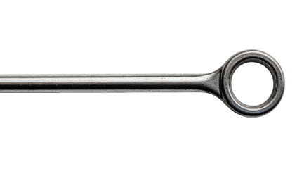 Sleek, metallic rod with a circular end loop, possibly a linkage or component.  Precisely machined, dark grey finish
