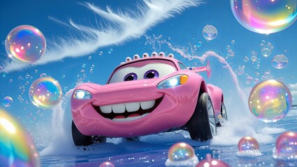 A cheerful cartoon pink car with a wide smile is covered in soap suds and sponges, set against a vivid bright background, radiating a fun, lighthearted vibe and playful energy