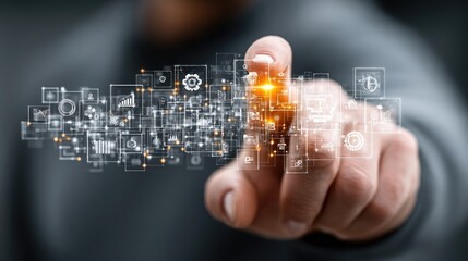 Businessman holding a digital interface of Enterprise Resource Planning software, integrating business functions and optimizing organizational processes
