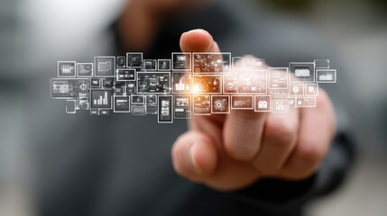 Businessman holding a digital interface of Enterprise Resource Planning software, integrating business functions and optimizing organizational processes