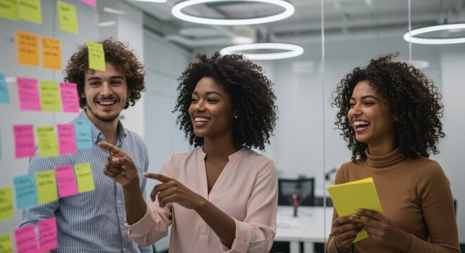 Diverse Business Team Brainstorming with Sticky Notes on a Glass Wall team, collaboration, business, meeting, office, sticky notes