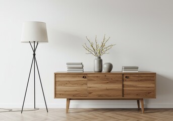 Modern minimalist living room interior with wooden sideboard