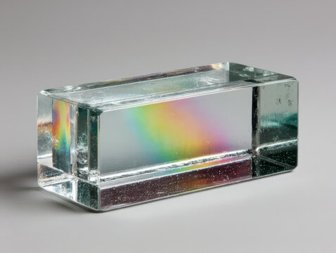 Prism Rainbow Spectrum: The image showcases a rectangular glass prism, capturing and refracting light to create a vibrant rainbow spectrum, a visual testament to the properties of light.