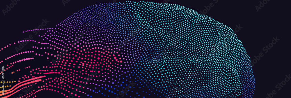Poster abstract digital human brain composed of colorful glowing dots and lines on dark background neural n