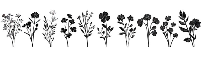 Naklejka premium Black and white hand drawn wildflowers floral silhouettes arranged in a horizontal row on white background vector illustration minimalistic botanical design