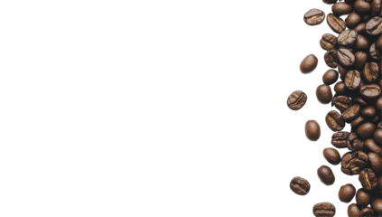 Roasted coffee beans cascade down the right side of a black background, leaving ample negative space on the left