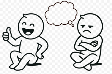 Opposite Mood Doodle Illustration – Happy vs Grumpy Characters with Thought Bubble
