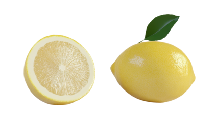 A whole lemon and a halved lemon with a green leaf, isolated on a black background, showcasing the juicy, yellow citrus fruit's interior