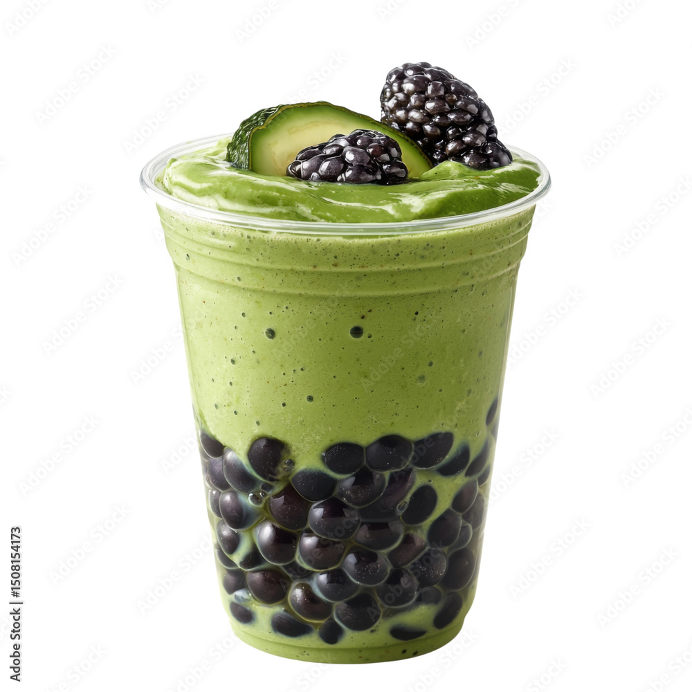 Poster creamy green smoothie with black tapioca pearls, topped with blackberries and cucumber slices, offer