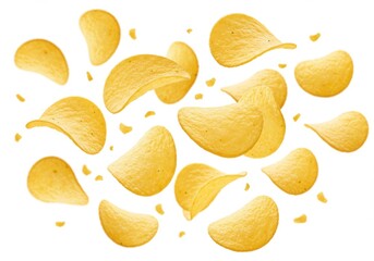 Many potato chips falling on white background