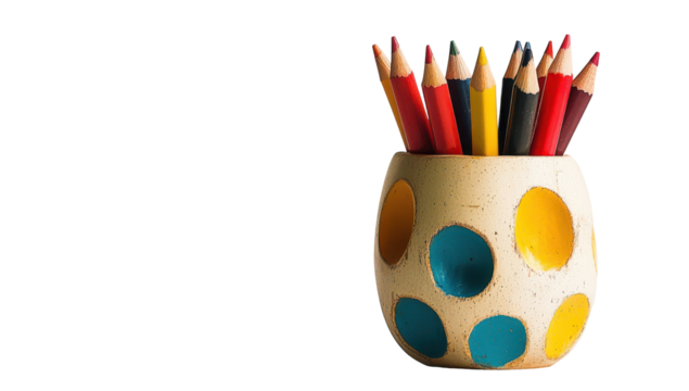 Colored pencils in a speckled, off-white ceramic holder with blue and yellow circles, against a black background