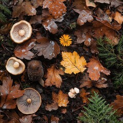 Olympic rainforest woodland floor display with autumn foliage, forest mushrooms, yellow bloom, conifer branches, dewdrops, rich brown earth, natural organic composition