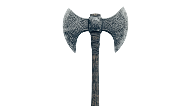Ornate double-headed battle-axe with etched details on blades and wrapped wooden handle, isolated on black background