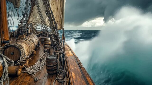 Seafaring Journey on Vintage Tall Ship in High Waves
