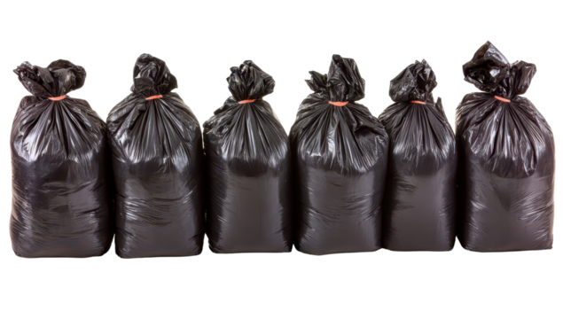 Six tied black plastic trash bags in a row on a plain background