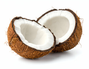 Cracked Coconut Fresh, White Coconut Flesh Isolated on White Background