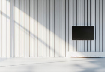 Modern Living Room Interior with Wooden Slat Wall, Floating TV Console, and Natural Light