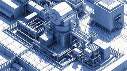 Detailed architectural blueprint of a nuclear power plant, showcasing reactor layout, cooling systems, and structural design, representing precision engineering, safety, and advanced energy 
