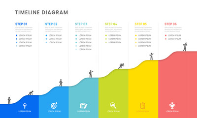 Business road map timeline infographic with 6 options milestones elements, diagram, and icon, vector.