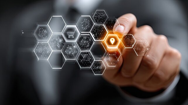 Businessman holding digital transformation interface focused on project coordination, team collaboration, goal setting, and innovation delivery