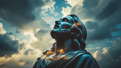 A majestic statue of Jesus stands tall against the open sky, arms outstretched in a gesture of peace and blessing, symbolizing faith, hope, and spiritual presence amid the clouds and light