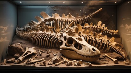 Dinosaur bones displayed in a museum exhibit, carefully arranged in lifelike poses under dramatic lighting, offering a glimpse into prehistoric life and fascinating paleontological discoveries