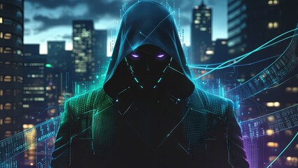 A dark, hooded group of anonymous hackers engaged in cybercrime, launching cyberattacks and infiltrating systems. Their hidden identities and intent to spread malware are framed by binary code visuals