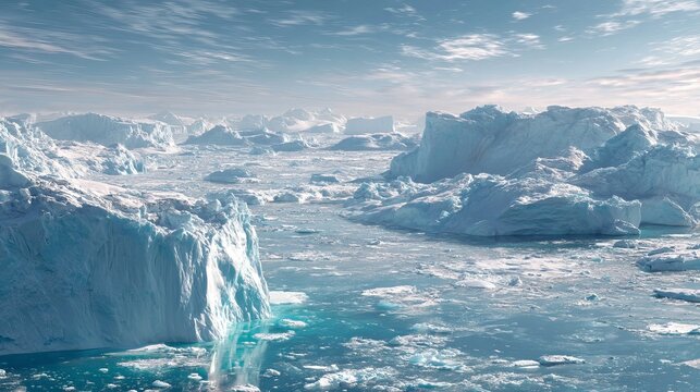 Aerial view of arctic icebergs and ocean landscape for global warming and climate change awareness image