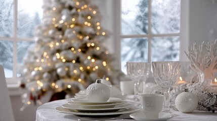 Elegant white-themed informal Christmas dinner showcasing stylish decor and sophisticated cuisine in a cozy winter setting