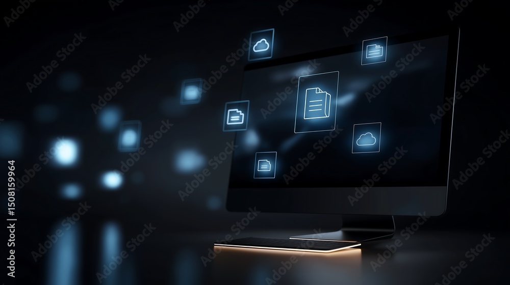 Poster high-tech environment with floating ar icons above a sleek monitor—folders, cloud symbols, and docum