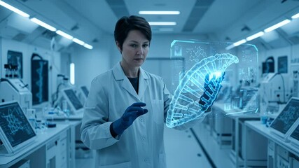 Scientist interacts with a holographic DNA model in a modern lab - Powered by Adobe