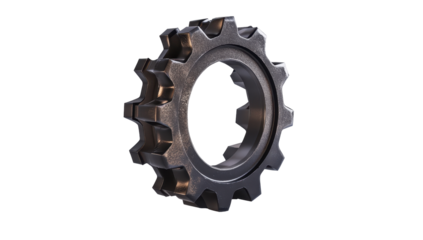 A detailed 3D render of a dark metallic gear, showing wear and texture, angled slightly