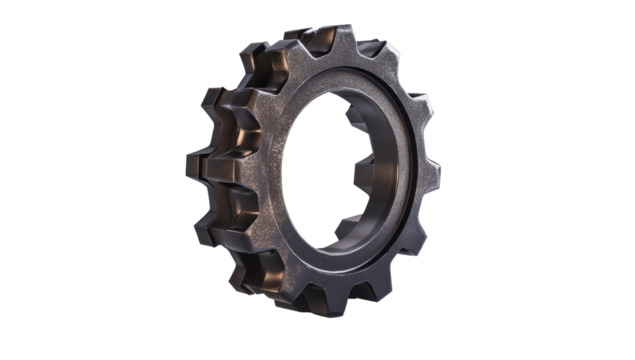 A detailed 3D render of a dark metallic gear, showing wear and texture, angled slightly