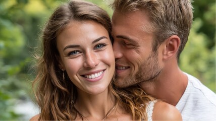 Fototapeta premium Young attractive woman smiles as man embraces her in natural outdoor setting