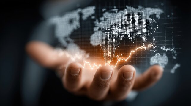 Businessman holding global performance analytics system leveraging data networks to optimize decisions, track trends, and improve business insights