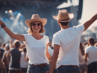 Happy couple wearing hats and white t-shirts enjoys a sunny afternoon at a large outdoor concert