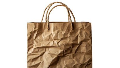 A crumpled brown paper shopping bag with double handles, isolated on black
