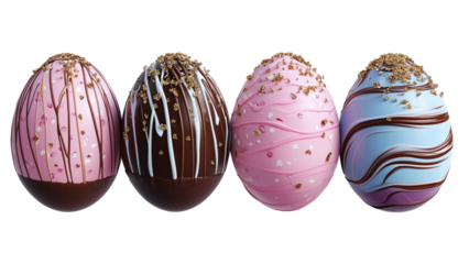 Luxurious chocolate Easter eggs pastel and dark chocolate coatings adorned with frosting, pearls, and sprinkles, isolated on white transparent background